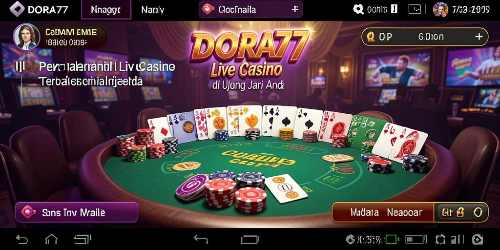 Screenshot DORA77 menunjukkan dealer langsung dan gameplay interaktif.