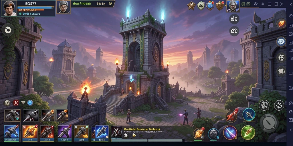 Tampilan gameplay menarik dari EOS77, menampilkan menara pertahanan yang strategis.