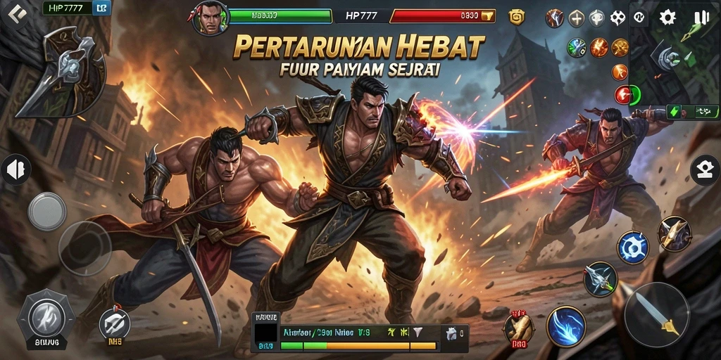 Screenshot HP777 menunjukkan aksi pertarungan yang intens dan dramatis.