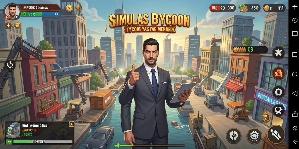Screenshot gameplay MPO08 yang menampilkan simulasi bisnis Tycoon.