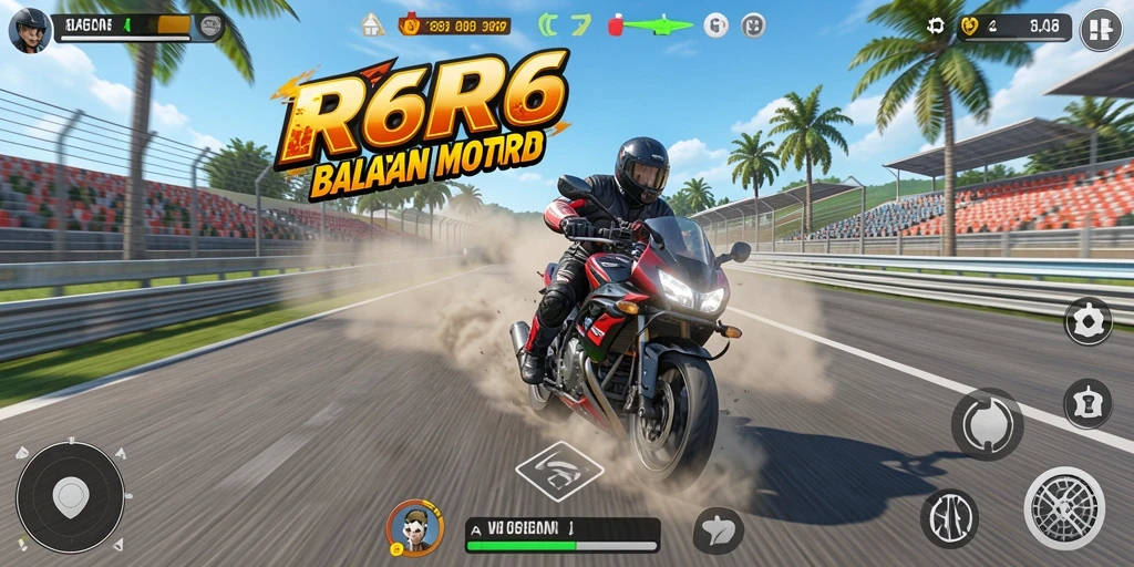 Tampilan gameplay seru di R6R6 dengan motor balap.