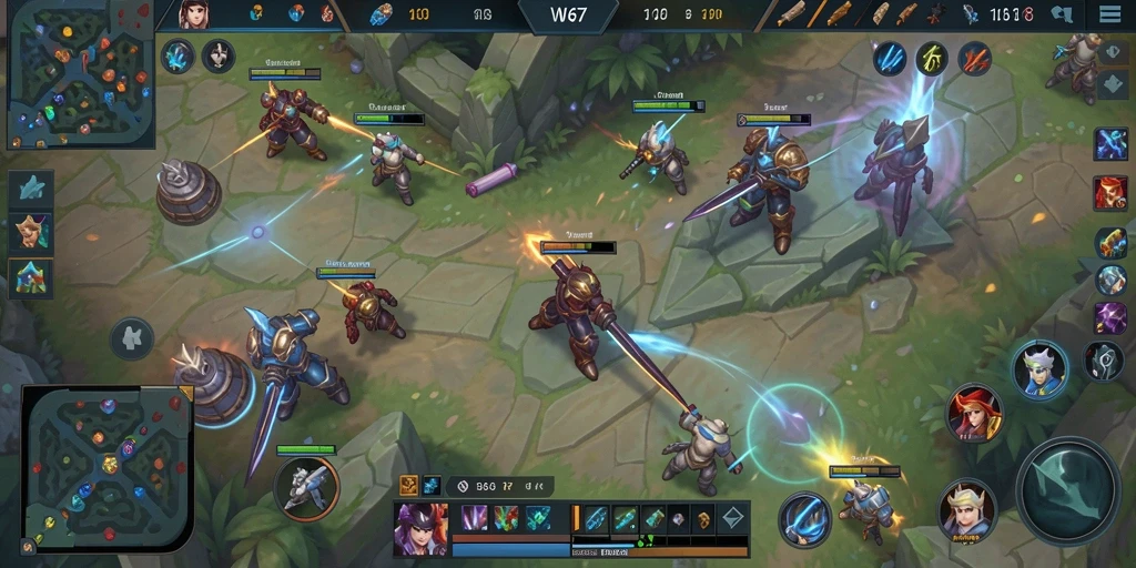 Tangkapan layar gameplay W67 menunjukkan aksi seru dalam pertempuran MOBA.